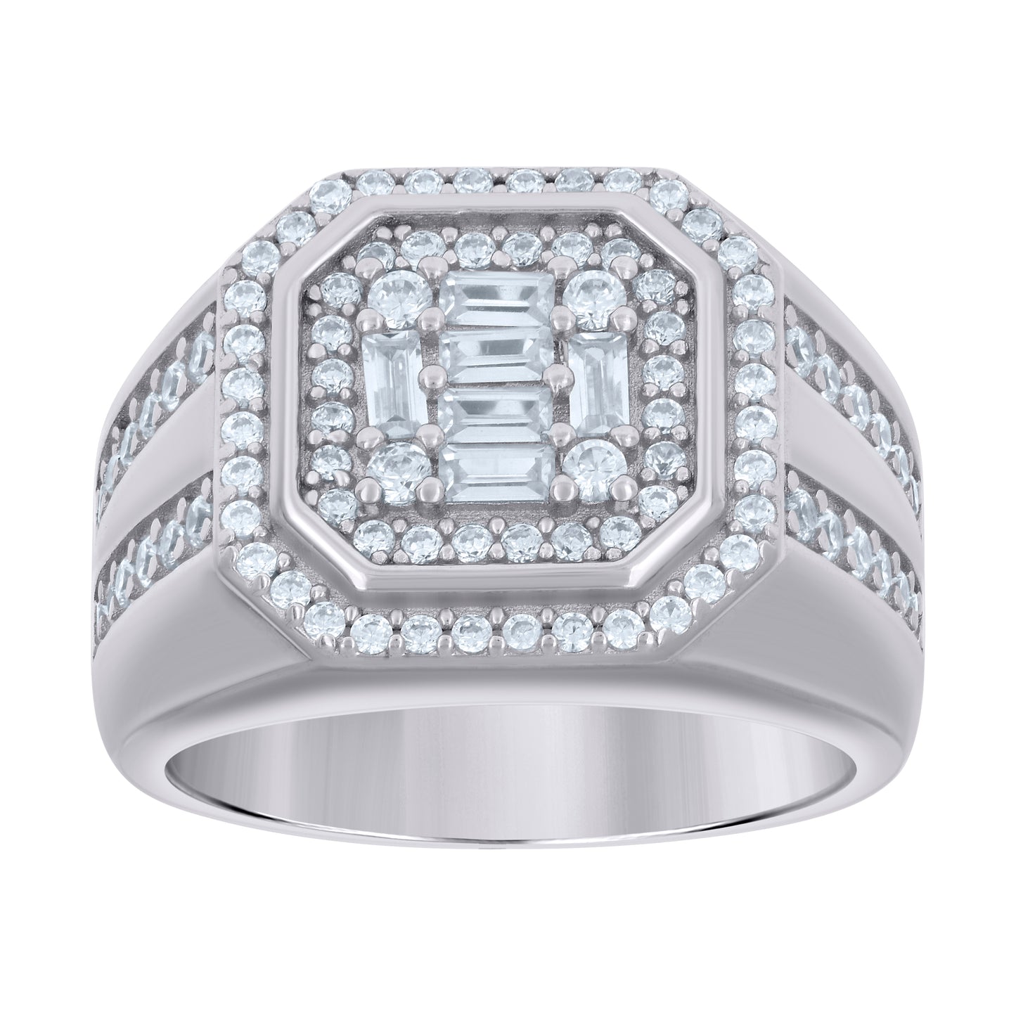 Sterling Silver Or Yellow-tone Mens Baguette Round Cubic-Zirconia Octagon Head Fashion Bridal Anniversary Wedding Engagement Band Ring