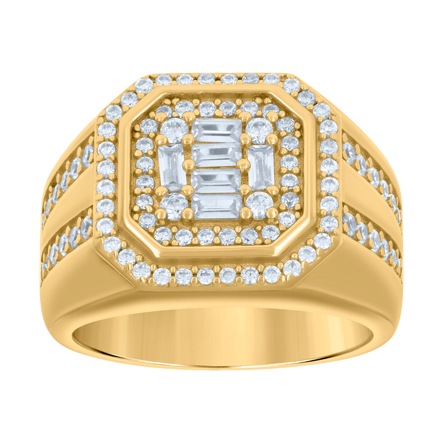 Sterling Silver Or Yellow-tone Mens Baguette Round Cubic-Zirconia Octagon Head Fashion Bridal Anniversary Wedding Engagement Band Ring