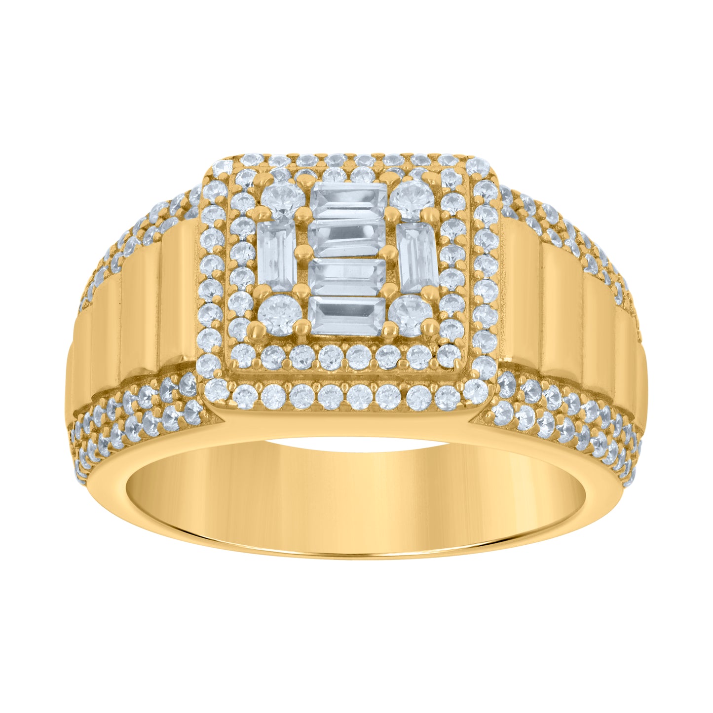Sterling Silver Or Yellow-tone Mens Baguette Round Cubic-Zirconia Square Head Fashion Bridal Anniversary Wedding Engagement Band Ring