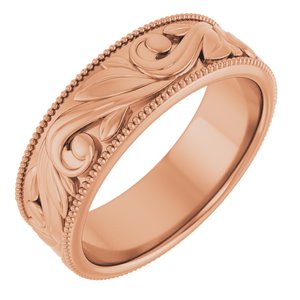 14K Yellow Or White Or Rose Gold Or Sterling Silver Or Platinum Milgrain Edge Floral Flat Band