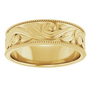 14K Yellow Or White Or Rose Gold Or Sterling Silver Or Platinum Milgrain Edge Floral Flat Band