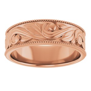 14K Yellow Or White Or Rose Gold Or Sterling Silver Or Platinum Milgrain Edge Floral Flat Band