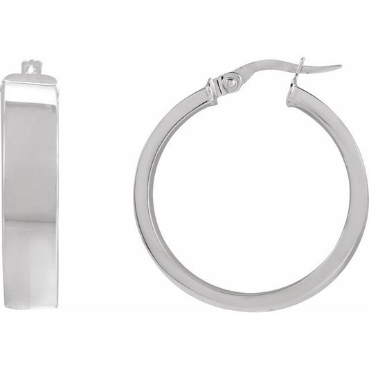 14K White Gold Or Sterling Silver Hinged Polished Hollow Flat Tube Hoop Earrings