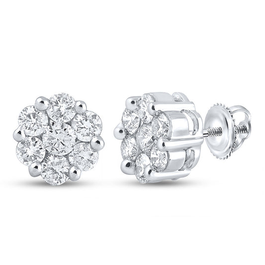 14K White Or Yellow Gold Womens Round Diamond Flower Cluster Earrings
