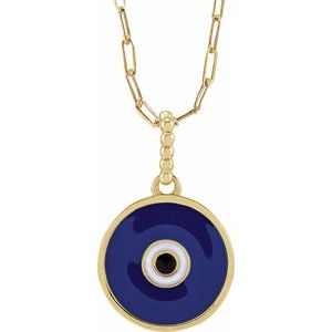 14K Yellow Gold 16.5 X 12.3 Mm 18 In Polished Blue Enameled Evil Eye Necklace