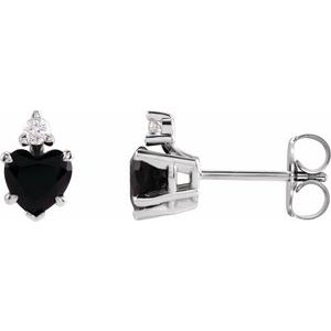 14K White Gold Heart 6 X 6 Mm Natural Onyx And .06 Ctw Natural Diamond 5-Claw Prong Earrings