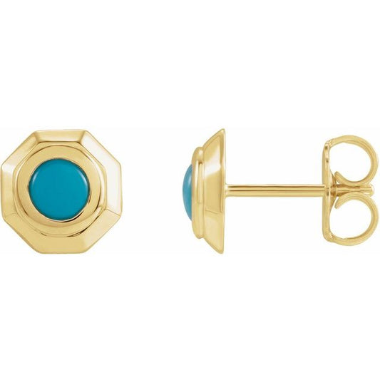 14K Yellow Gold 4 Mm Round Friction Back Polished Natural Turquoise Cabochon Stud Earrings