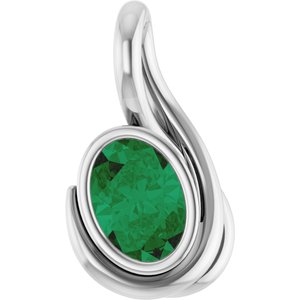 14K White Gold Oval 7 X 5 Mm Lab Grown Emerald Pendant