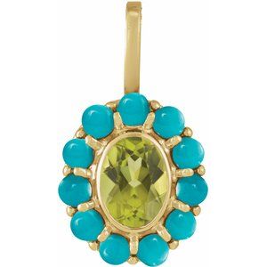 14K Yellow Gold Oval 7 X 5 Mm Natural Peridot And Natural Cabochon Turquoise Halo-Style Pendant