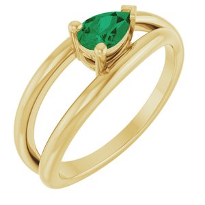 14K Yellow Gold Pear 6 X 4 Mm Polished Lab-Grown Emerald Negative Space Ring Size 7