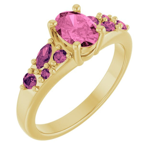 14K Yellow Gold Oval 7 X 5 Mm Polished Lab-Grown Pink Sapphire And Natural Pink Tourmaline Ring, Size 7
