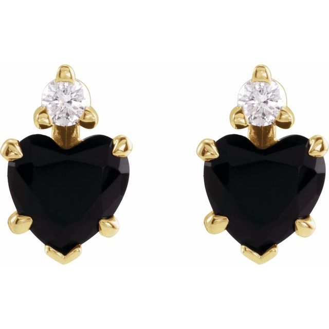 14K Yellow Gold Heart 5 X 5 Mm Friction Backs Polished Natural Onyx And .06 Ctw Natural Diamond 5-Claw Prong Earrings