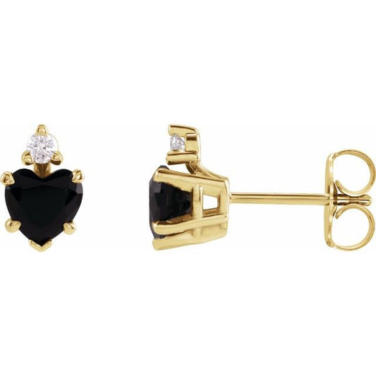 14K Yellow Gold Heart 5 X 5 Mm Friction Backs Polished Natural Onyx And .06 Ctw Natural Diamond 5-Claw Prong Earrings