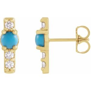 14K Yellow Gold Round 4 Mm Natural Turquoise And 1/5 Ctw Natural Diamond Cabochon Bar Earrings