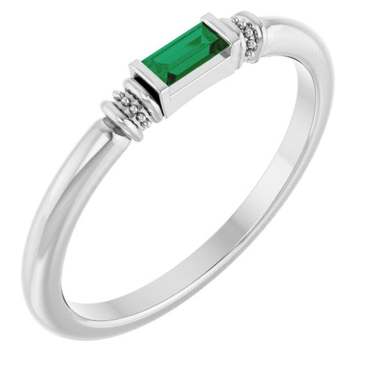 Sterling Silver Straight Baguette 4 X 2 Mm Polished Lab-Grown Emerald Stackable Ring, Size 7