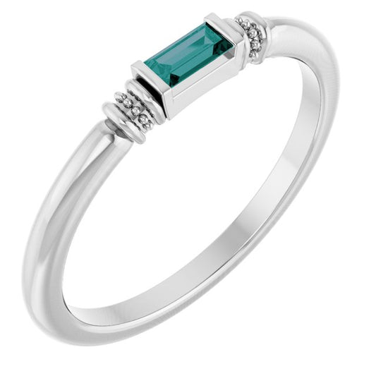 Sterling Silver Straight Baguette 4 X 2 Mm Polished Lab-Grown Alexandrite Stackable Ring, Size 7