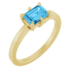 14K Yellow Gold  Emerald 7 X 5 Mm Polished Natural Swiss Blue Topaz 6-Prong Solitaire Ring Size 7