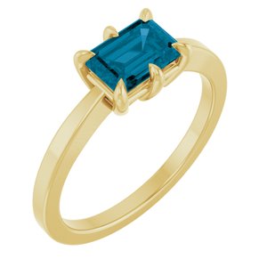 14K Yellow Gold  Emerald 7 X 5 Mm Polished Natural London Blue Topaz 6-Prong Solitaire Ring Size 7
