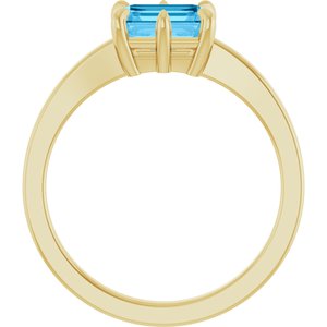 14K Yellow Gold  Emerald 7 X 5 Mm Polished Natural Swiss Blue Topaz 6-Prong Solitaire Ring Size 7