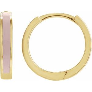 14K Yellow Gold 12.1 Mm Light Pink Beige Enamel Hoop Earrings, Thickness: 2 Mm