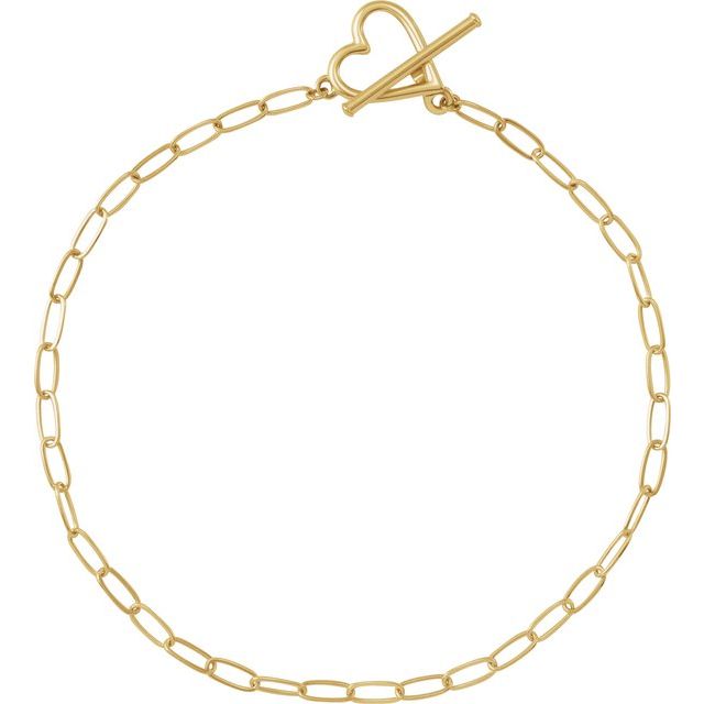 14K Yellow Gold 6 In Polished Paperclip-Style Chain Heart Toggle Bracelet