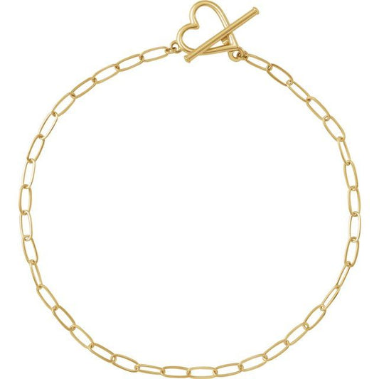 14K Yellow Gold 6 In Polished Paperclip-Style Chain Heart Toggle Bracelet