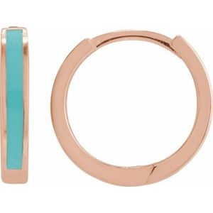 14K Rose Gold 12.1 Mm Light Turquoise Enamel Hoop Earrings, Thickness: 2 Mm