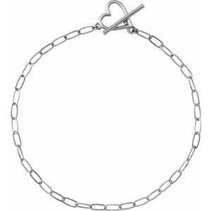 14K White Gold 6 In Polished Paperclip-Style Chain Heart Toggle Bracelet