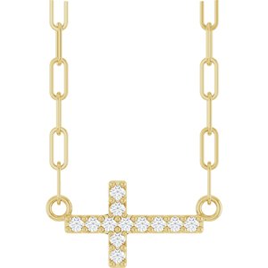14K Yellow Gold Round 12 X 6 Mm 1Mm G-H I1 .05 Ctw Natural Diamond Sideways Cross Paperclip Necklace, Length: 18 In