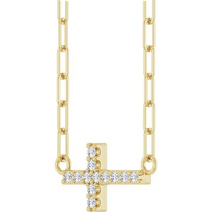 14K Yellow Gold Round 12 X 6 Mm 1Mm G-H I1 .05 Ctw Natural Diamond Sideways Cross Paperclip Necklace, Length: 18 In