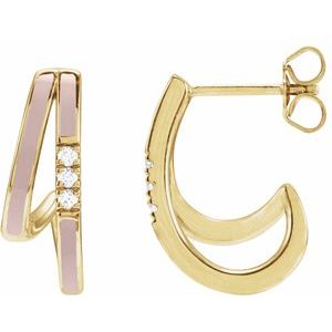 14K Yellow Gold Pair Round Shape 1.5Mm I1, Gh 1/10 Ctw Natural Diamond Pink Enamel Hoop Earrings, Length: 17.3 Mm, Thickness: 5.6 Mm