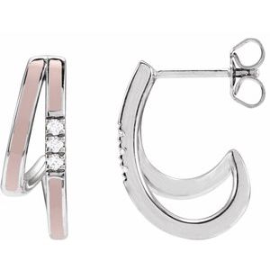14K White Gold Pair Round Shape 1.5Mm I1, Gh 1/10 Ctw Natural Diamond Pink Enamel Hoop Earrings, Length: 17.3 Mm, Thickness: 5.6 Mm