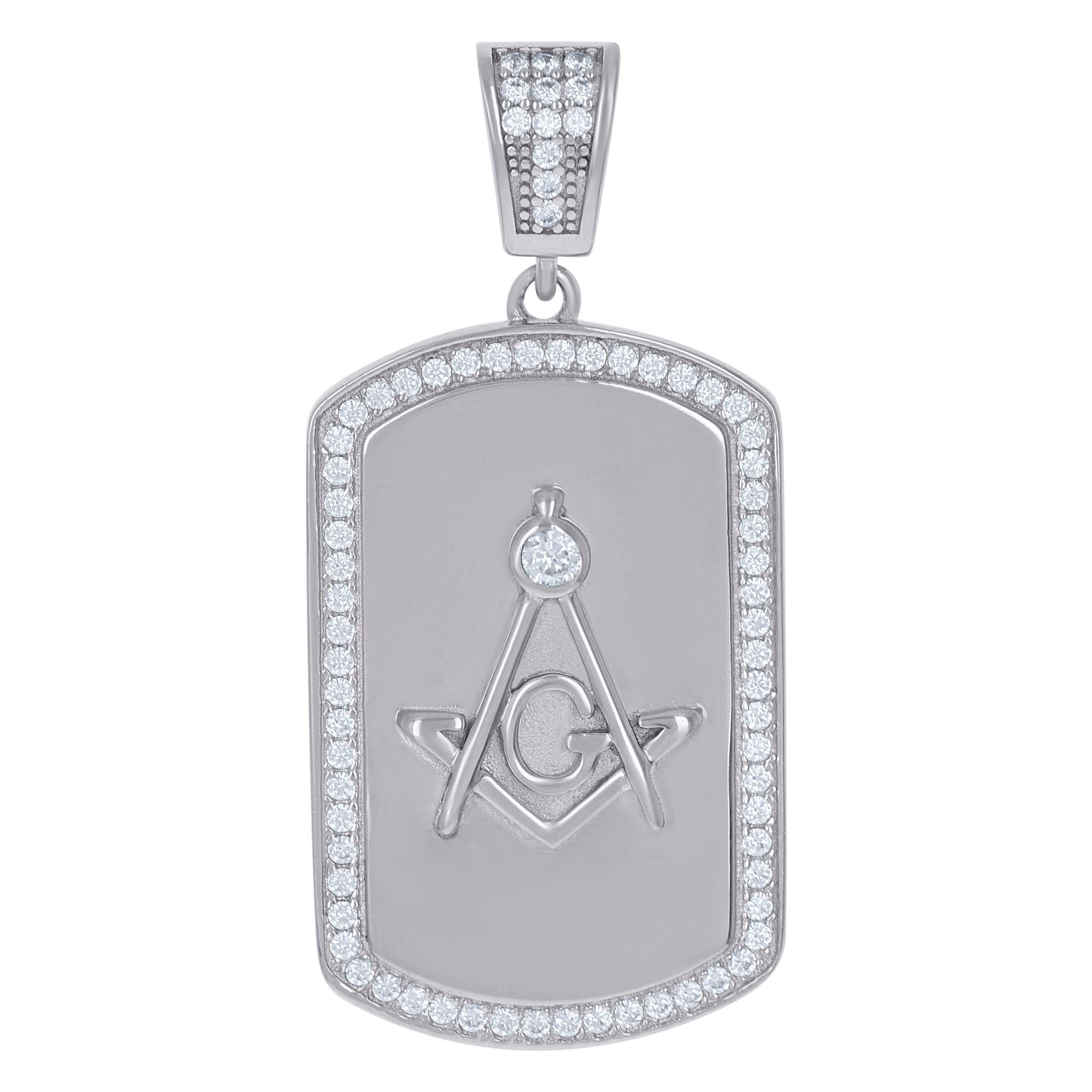 Sterling Silver Mens Cubic-Zirconia Masonic Dog Tag Charm Pendant