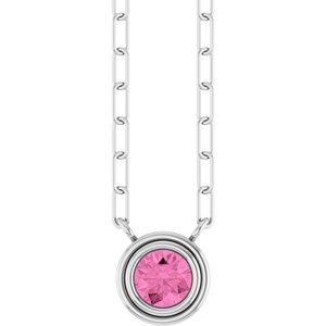 14K White Gold Round 4 Mm  Natural Pink Sapphire Bezel-Set Necklace, Length: 18 In