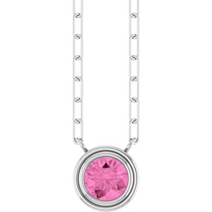 14K White Gold Round 5 Mm  Natural Pink Sapphire Bezel-Set Necklace, Length: 18 In