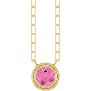 14K Yellow Gold Round 5 Mm  Natural Pink Sapphire Bezel-Set Necklace, Length: 18 In