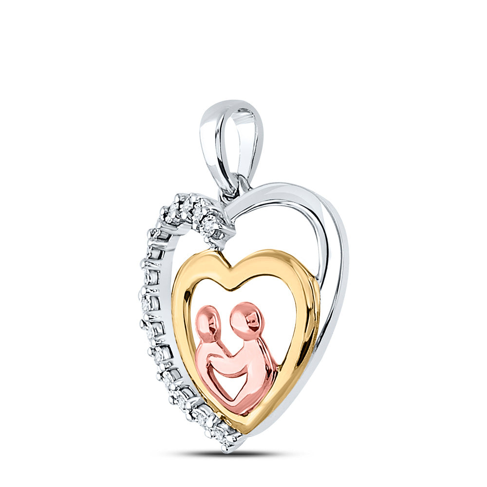 10K Two-tone Gold Womens Round Diamond Child Mom Heart Pendant 1/20 Cttw