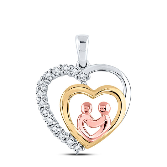 10K Two-tone Gold Womens Round Diamond Child Mom Heart Pendant 1/20 Cttw