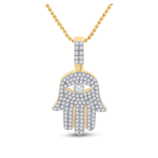 10K Yellow Gold Mens Round Diamond Hamsa Hand Charm Pendant 1 Cttw, Length: 1.26 In, Width: 0.67 In