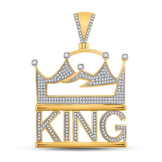10K Yellow Gold Mens Round Diamond King Phrase Charm Pendant 7/8 Cttw