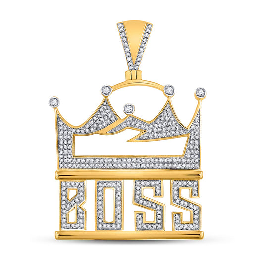 10K Yellow Gold Mens Round Diamond Boss Crown Phrase Charm Pendant 1 Cttw, Length: 2.02 In, Width: 1.45 In