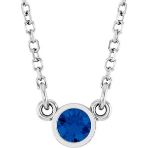 Rhodium-Plated Sterling Silver Round 3 Mm  Imitation Blue Sapphire Solitaire Necklace, Length: 16 In