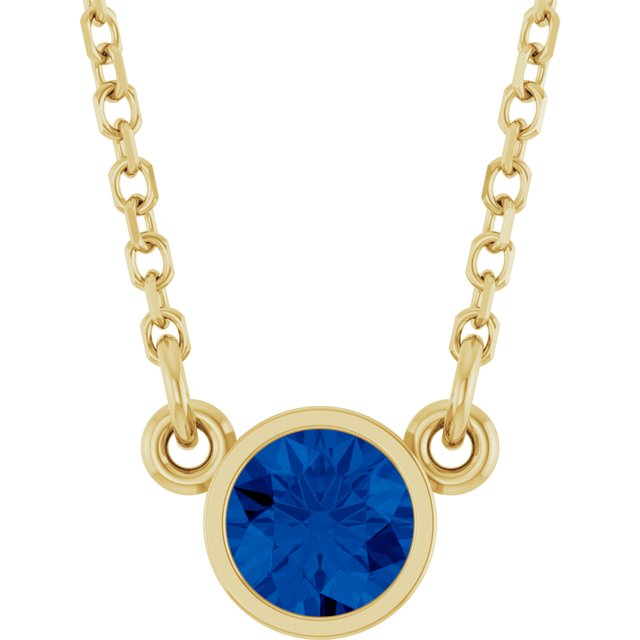 14K Yellow Gold Round 4 Mm 16 In Polished Lab-Grown Blue Sapphire Solitaire Necklace