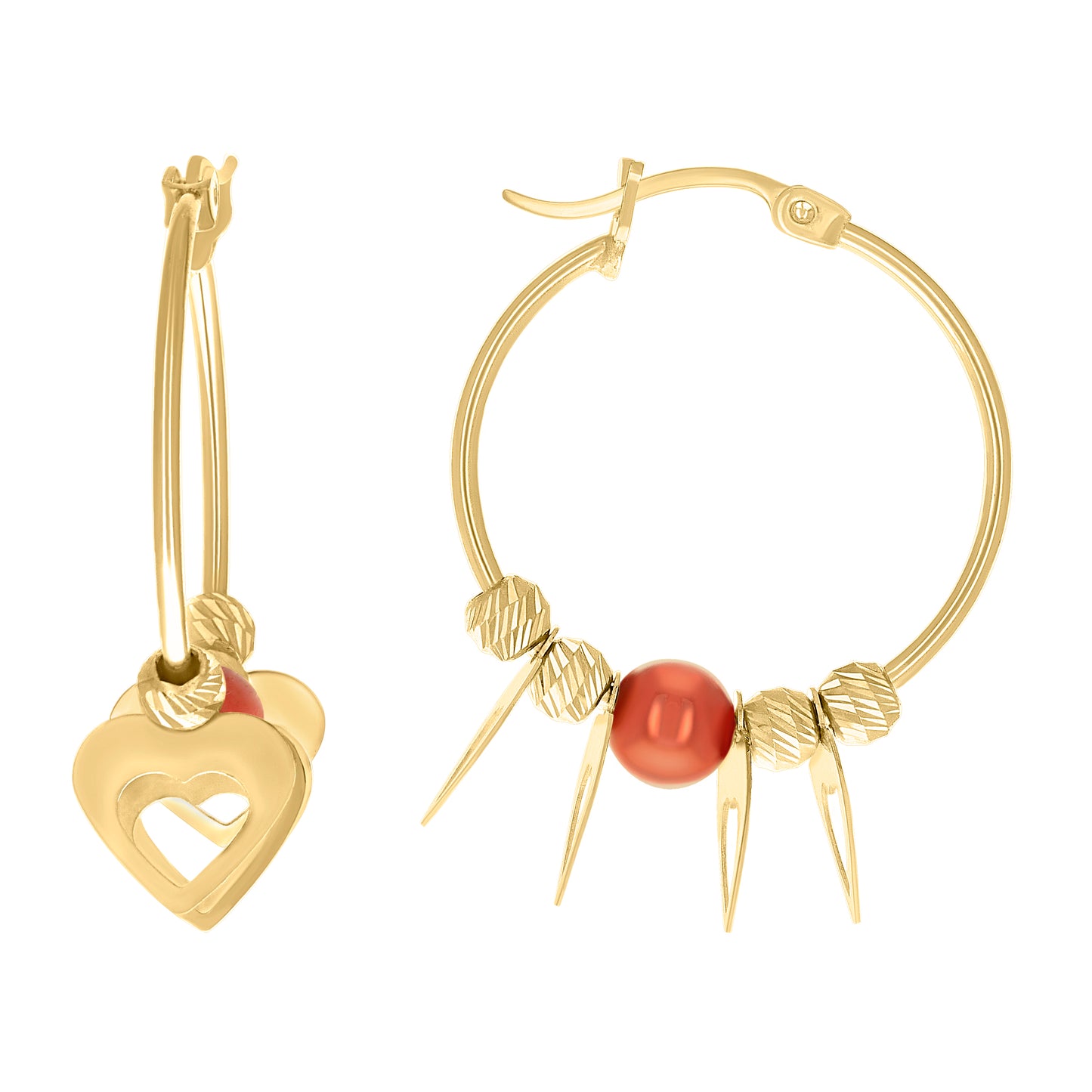 10K Yellow Gold Womens Heart Beaded Hoop Earrings