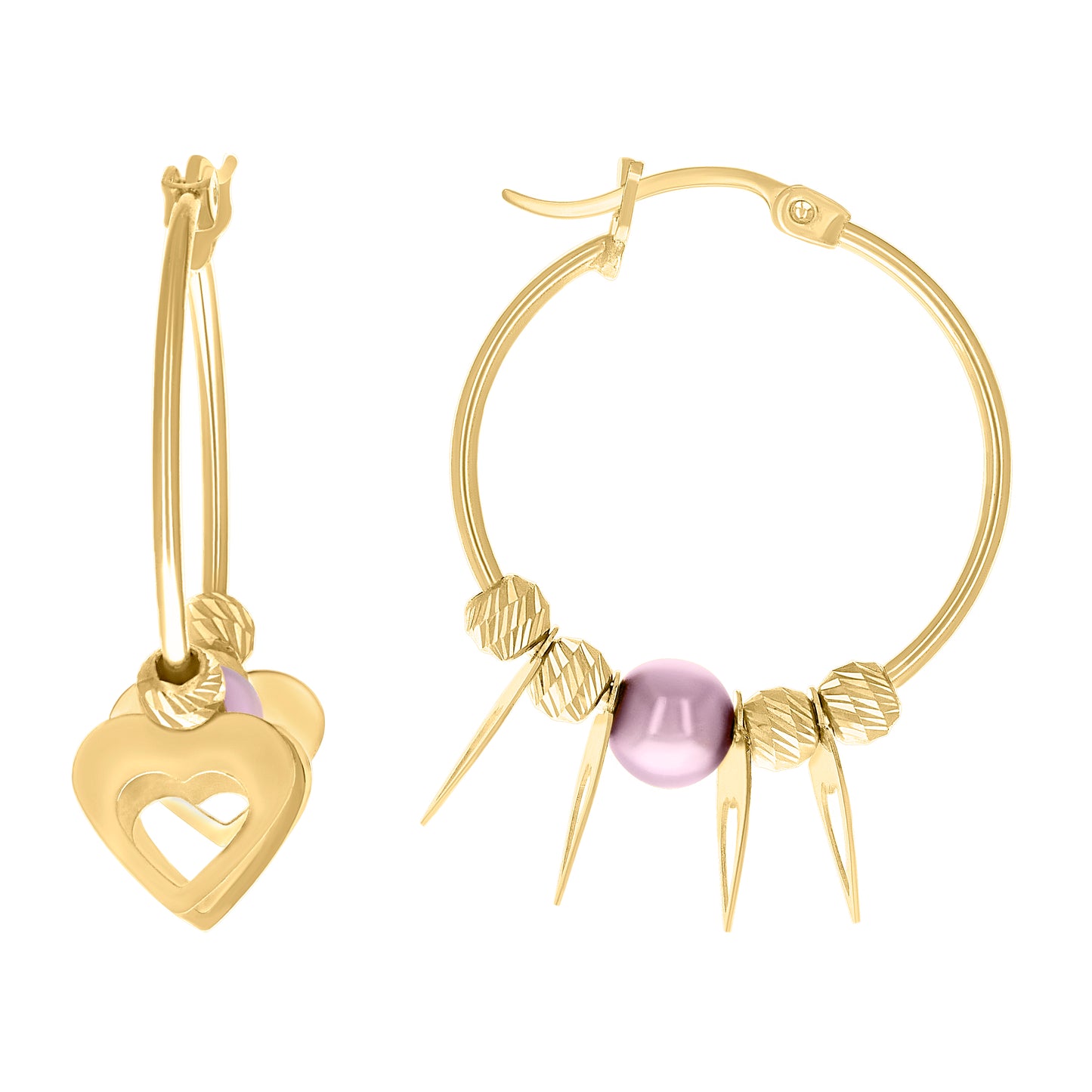 10K Yellow Gold Womens Heart Beaded Hoop Earrings