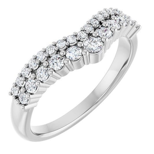 14K White Gold Round Polished 3/8 Ctw Natural Diamond Double Row Contour Band, Size 7