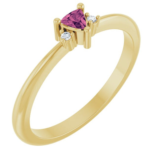 14K Yellow Gold Trillion 3 X 3 X 3 Mm Polished Natural Pink Tourmaline And .015 Ctw Natural Diamond Ring, Size 7
