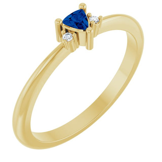 14K Yellow Gold Trillion 3 X 3 X 3 Mm Polished Lab-Grown Blue Sapphire And .015 Ctw Natural Diamond Ring, Size 7