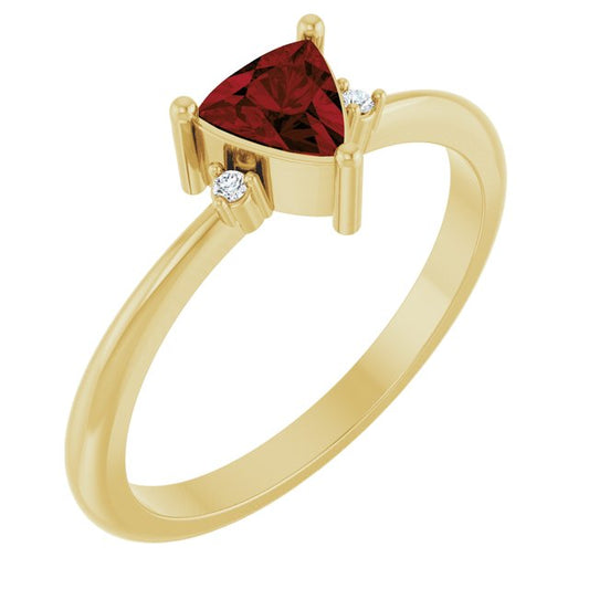 14K Yellow Gold Trillion 5 X 5 X 5 Mm Polished Natural Mozambique Garnet And .015 Ctw Natural Diamond Ring, Size 7
