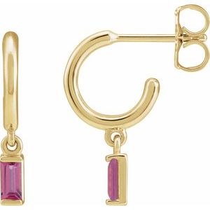 14K Yellow Gold Pair Straight Baguette Shape 4 X 2 Mm Natural Pink Tourmaline Dangle Hoop Earrings, Length: 17.6 Mm, Thickness: 4.6 Mm